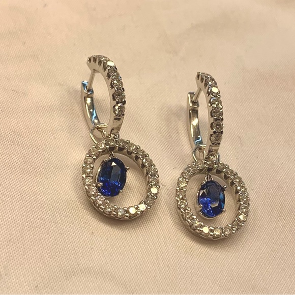 Genuine Diamond & Sapphire Double Hoop Earrings in 18k White Gold - Picture 1 of 8